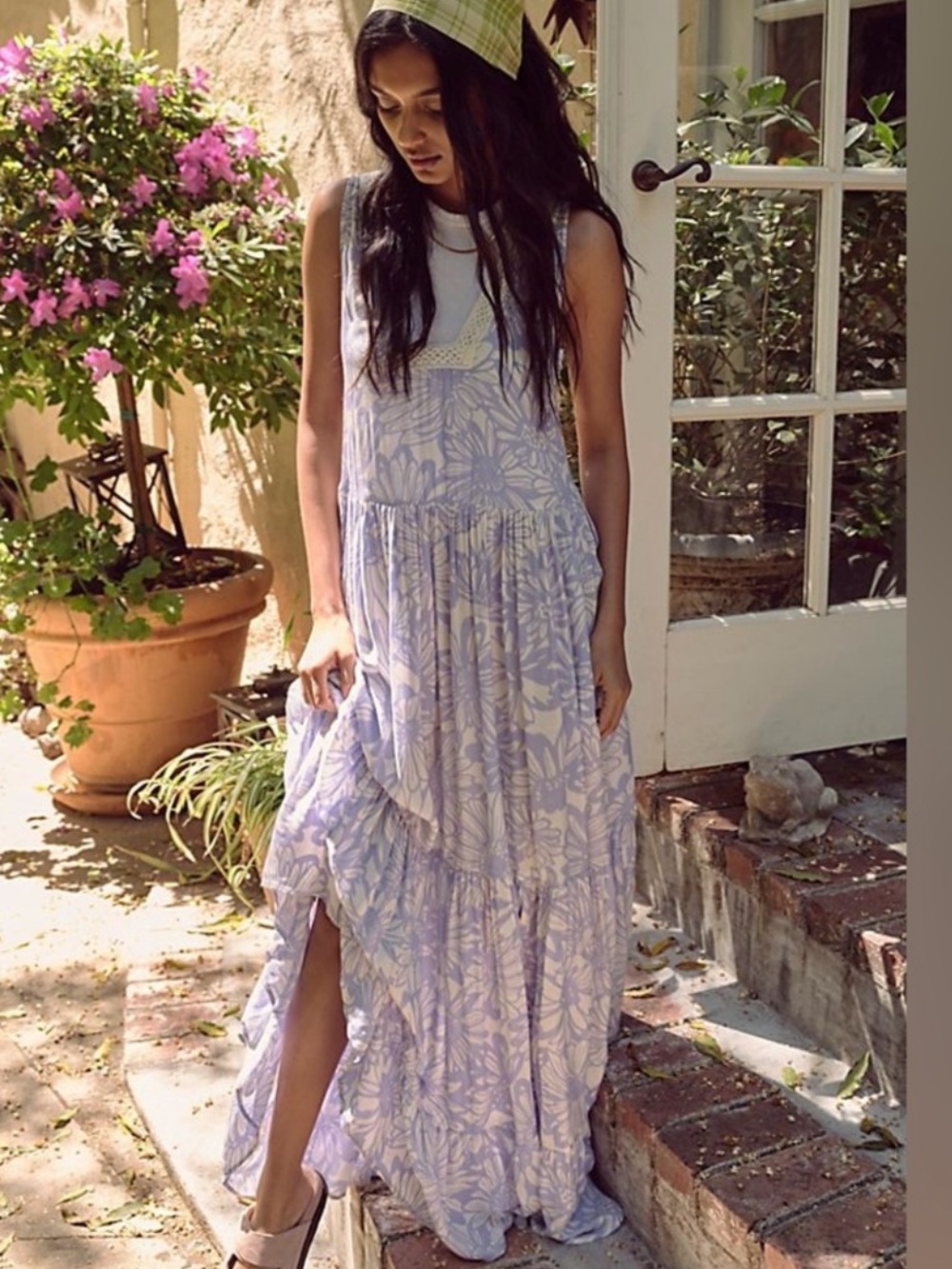 Free People Lavender Floral Tiered For You Maxi Dress Crochet Back NWT